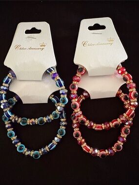 Beaded Evil Eye Stretch Bracelets- Blue & Red (Set of 4)